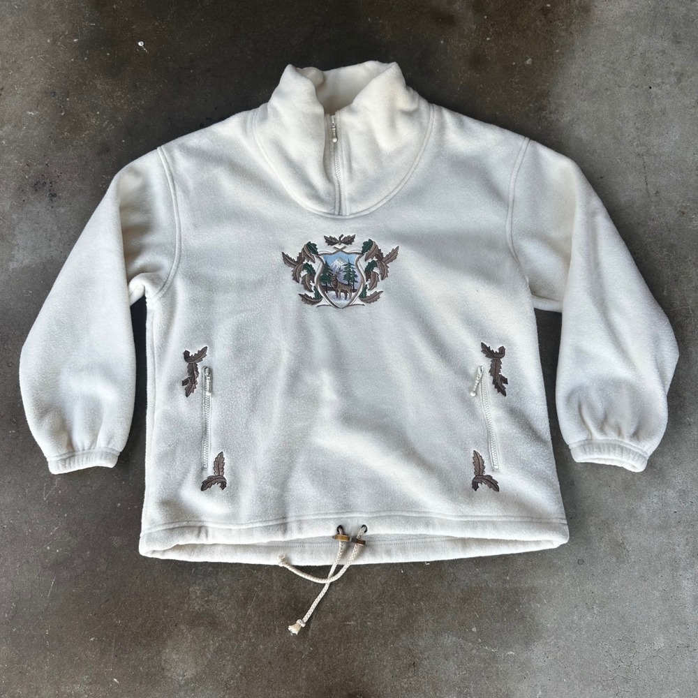 Sno Skins Fleece Pullover Mens Medium Cream Good Embroidered Stag Crest Gorpcore